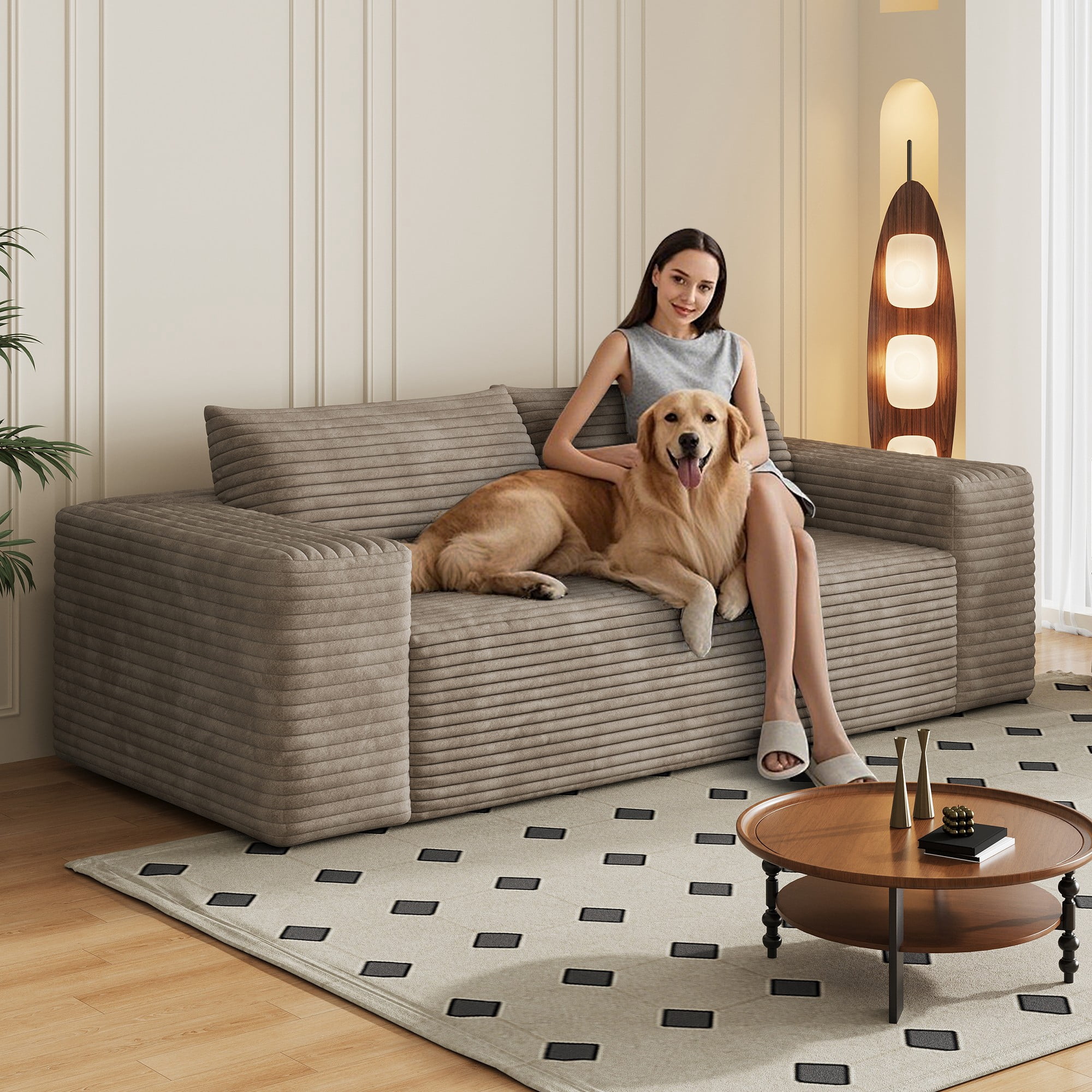 78.8" Corduroy Deep Seat Sofa, No Assembly Comfy Loveseat Couch for Living Room Bedroom Apartment, Camel