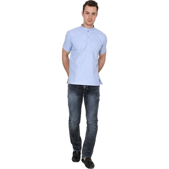 Royal Kurta Men's Cotton Linen Short Sleeve Kurta Blue
