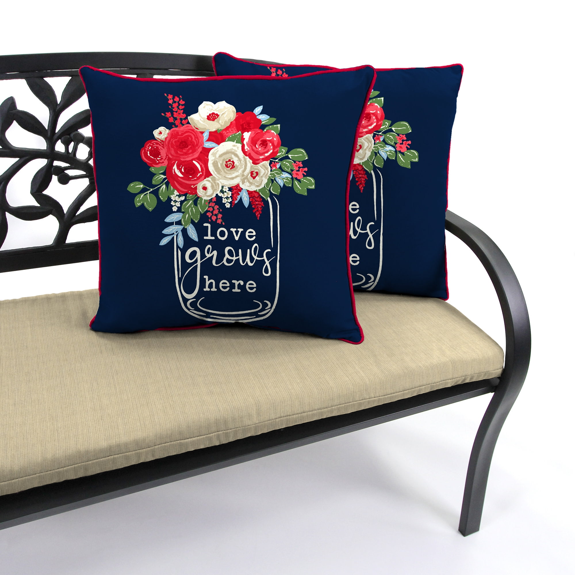 Jordan Manufacturing 16" x 16" Love Grows Here Navy Novelty and Multicolor Floral Reversible Square Outdoor Throw Pillow with Welt