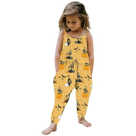 

BTJX Toddler Girls Baby Kids Cartoon Pumpkin Sleeveless Jumpsuit Strap Romper With Pockets Harem Pants Outfits Clothes