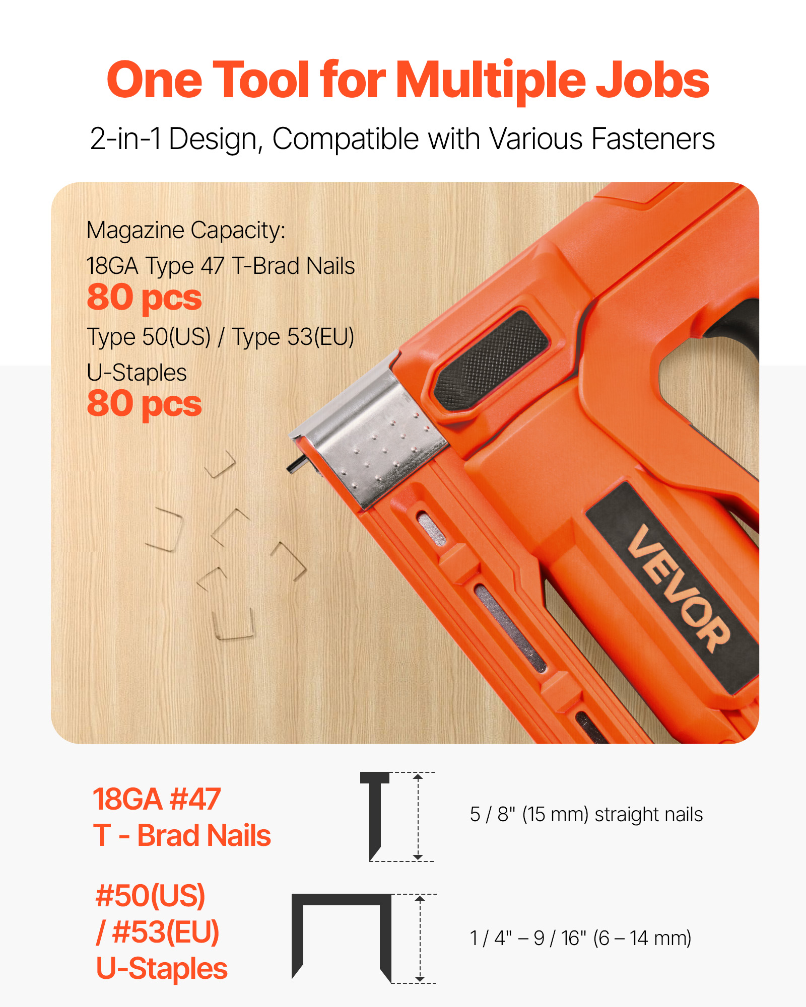 VEVOR Cordless Brad Nailer, 2-in-1 Nail Gun Staple Gun, 18 Gauge 5/8 inch, Includes 1000 Pcs Staples and 1000 Pcs Nails, with Battery and Charger, Non-Slip Rubber Grip, for Woodworking DIY Projects