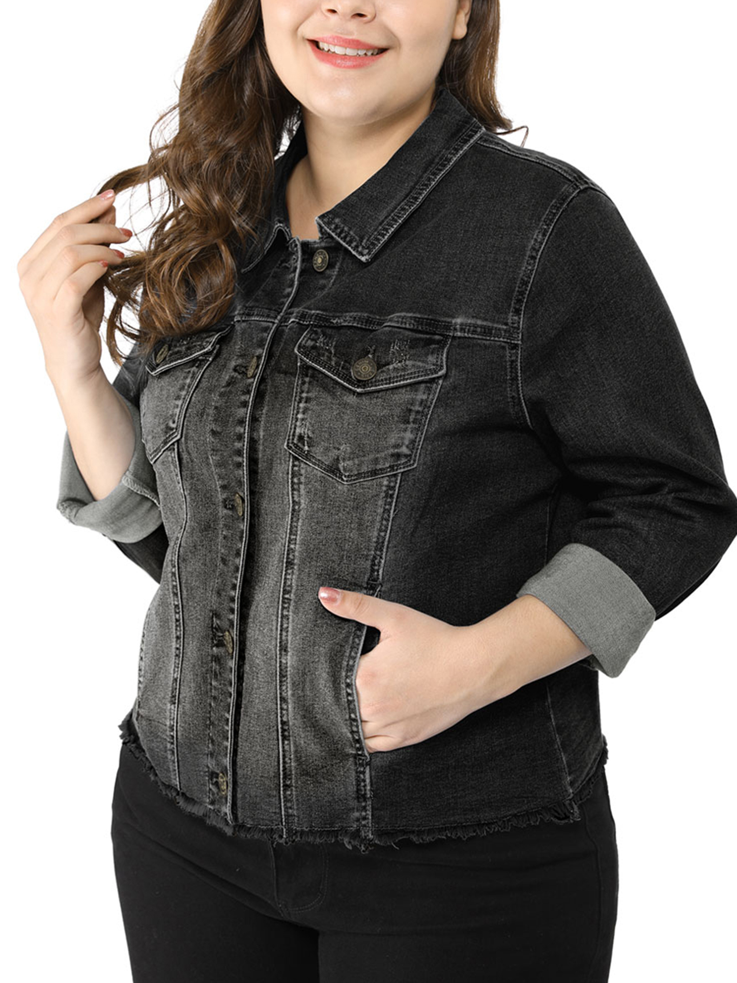 Unique Bargains Women's Plus Size Washed Front Frayed Classic Denim Jacket - image 3 of 8