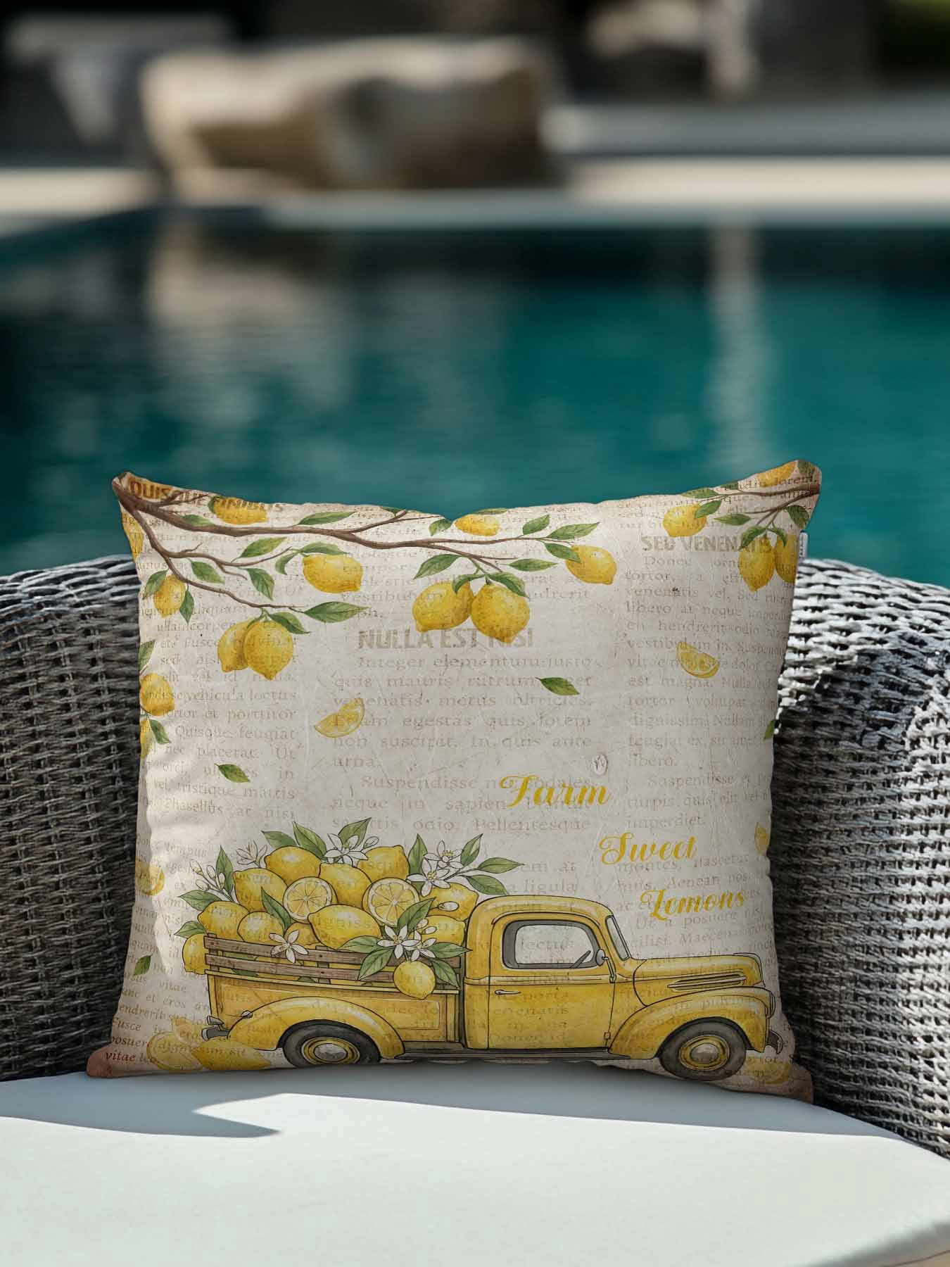 1 Pack Outdoor Pillows Waterproof, Lemon Truck Indoor/Outdoor Throw Pillows with Inserts, Summer Vintage Tropical Lemon Fruits Decorative Pillow for Patio Furniture Chairs Couch