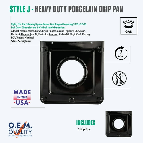 Range Kleen P401 Style J Square Black Porcelain Gas Drip Pan