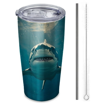 

great white shark swimming in the ocean Insulated 20 oz Stainless Steel Travel Tumbler Reusable Straw & Brush Hot & Cold Drinkware for Car Office Outdoor