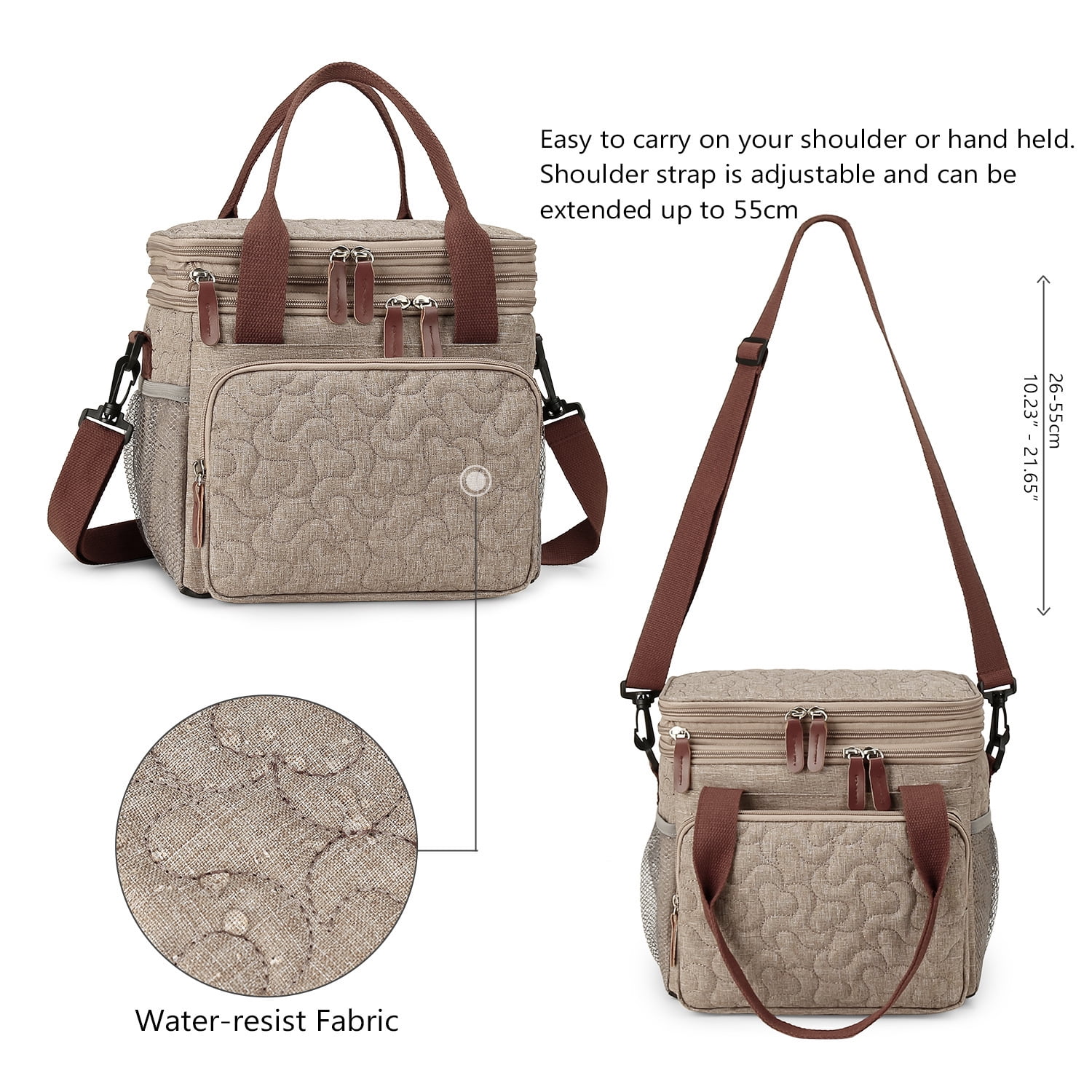 Insulated Lunch Bag Lunch Box Expandable Double Deck Cooler Bag Leakproof Side Tissue Pocket, Adjustable Shoulder Strap for Picnic Camping Hiking School Work, Khaki