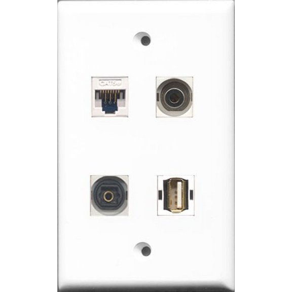 RiteAV - 1 Port USB A-A and 1 Port Toslink and 1 Port 3.5mm and 1 Port Cat5e Ethernet White Wall Plate