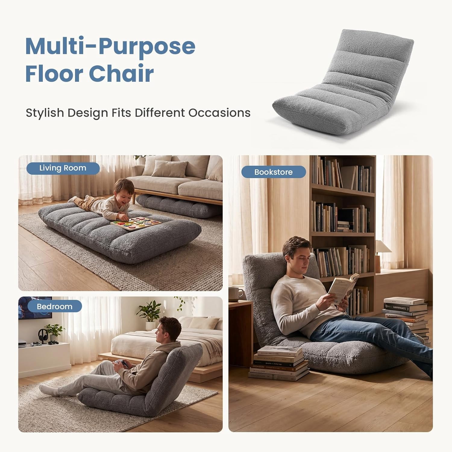 Folding Floor Chair, Adjustable 14-Position Gaming Chair with 5.9" Thick Cushion, Soft Velvet Cover & Steel Frame, Portable Floor Seating for Adults, Grey