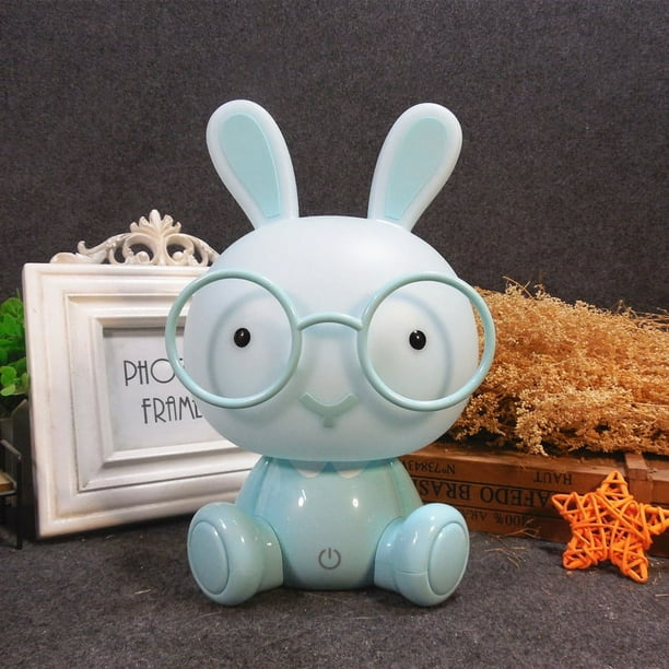 Lámpara de mesa LED de conejo para decoración de habitación infantil, luz nocturna, tres velocidades ajustables, adorable conejo de dibujos animados, protección ocular táctil (1 paquete, azul)