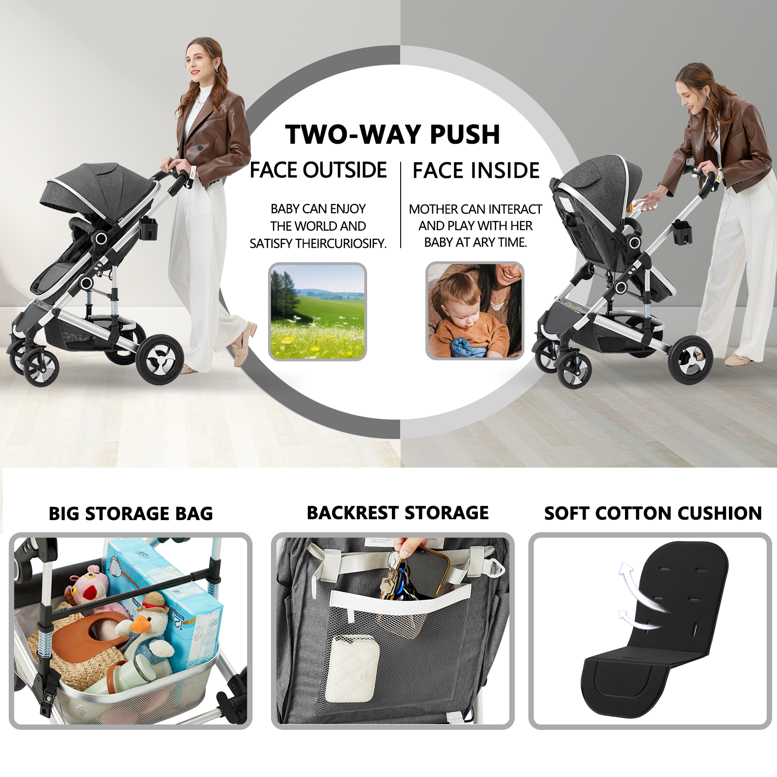 AILEEKISS 2 in 1 Convertible Baby Stroller, Unisex Folding Infant Newborn Bassinet Pram, Dark Grey - image 5 of 9