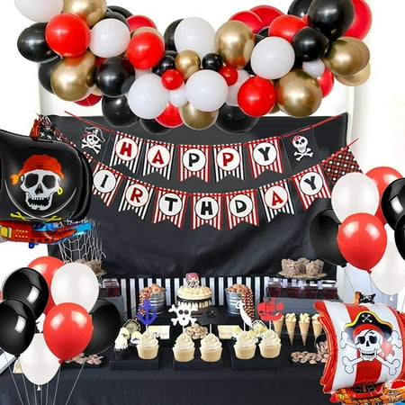 GEEKEO Pirate Balloons Arch Kit, Pirate Birthday Party Decorations with Pirate Tattoo Flags Pirate Ship Skull Balloons, Pirate Cake Topper for Pirates Theme Oriented Boy Birthday Party