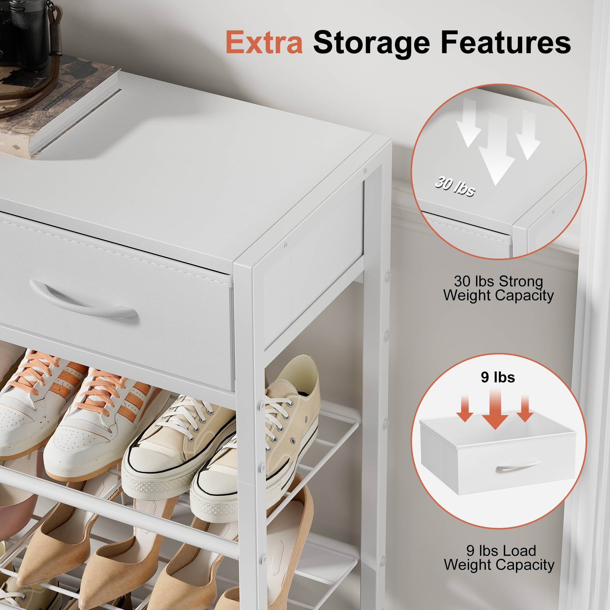 BGTREND 5-Tier Shoe Rack Organizer with Wooden Top and 2 Fabric Drawers, Shoe Stand Shelf for Entryway Hallway, White