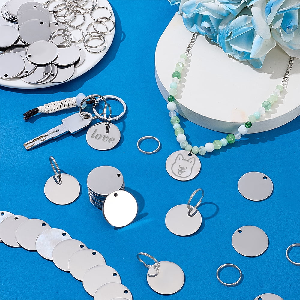 DIY Keychain Making Kits including Stainless Steel Pendants and Iron Split Key Rings Flat Round Platinum & Stainless Steel Color 30x1mm Hole: 3mm