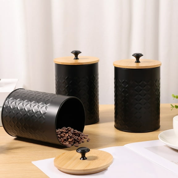Kitchen Canisters for Countertop Set of 3- Textured Iron Kitchen Canisters with Airtight Lids - Flour Sugar Canister Set - Flour and Sugar Containers Farmhouse - Coffee Jar for Counter - Black Jar x3