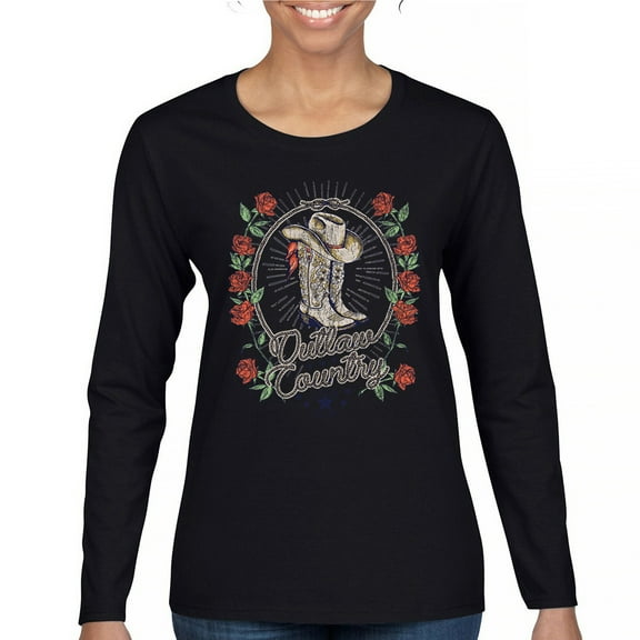 Outlaw Country Cowgirl Boots And Roses Women's Long Sleeve T-shirt Western Rodeo Floral Cowgirl Hat Vintage Southern Rustic