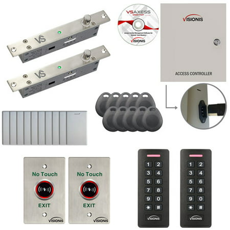 Visionis FPC-7285 2 Door Access Control Electric Drop Bolt Lock Time Attendance TCP/IP RS485 Wiegand Controller Box, Black Waterproof Card and Keypad Reader, Software Included, 10,000 Users