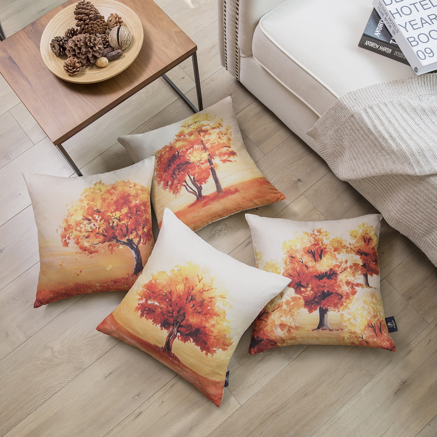 Phantoscope Season Series Decorative Throw Pillow Covers, Autumn Orange Tree, 18" x 18", Set of 4