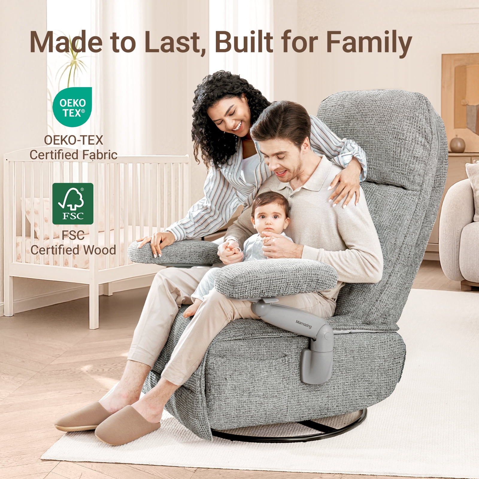 MAMAZING Nursery Chair Silent Rocking Ergonomic Removable Swivel Glider Recliner, Adjustable Armrests & Headrest, Gray