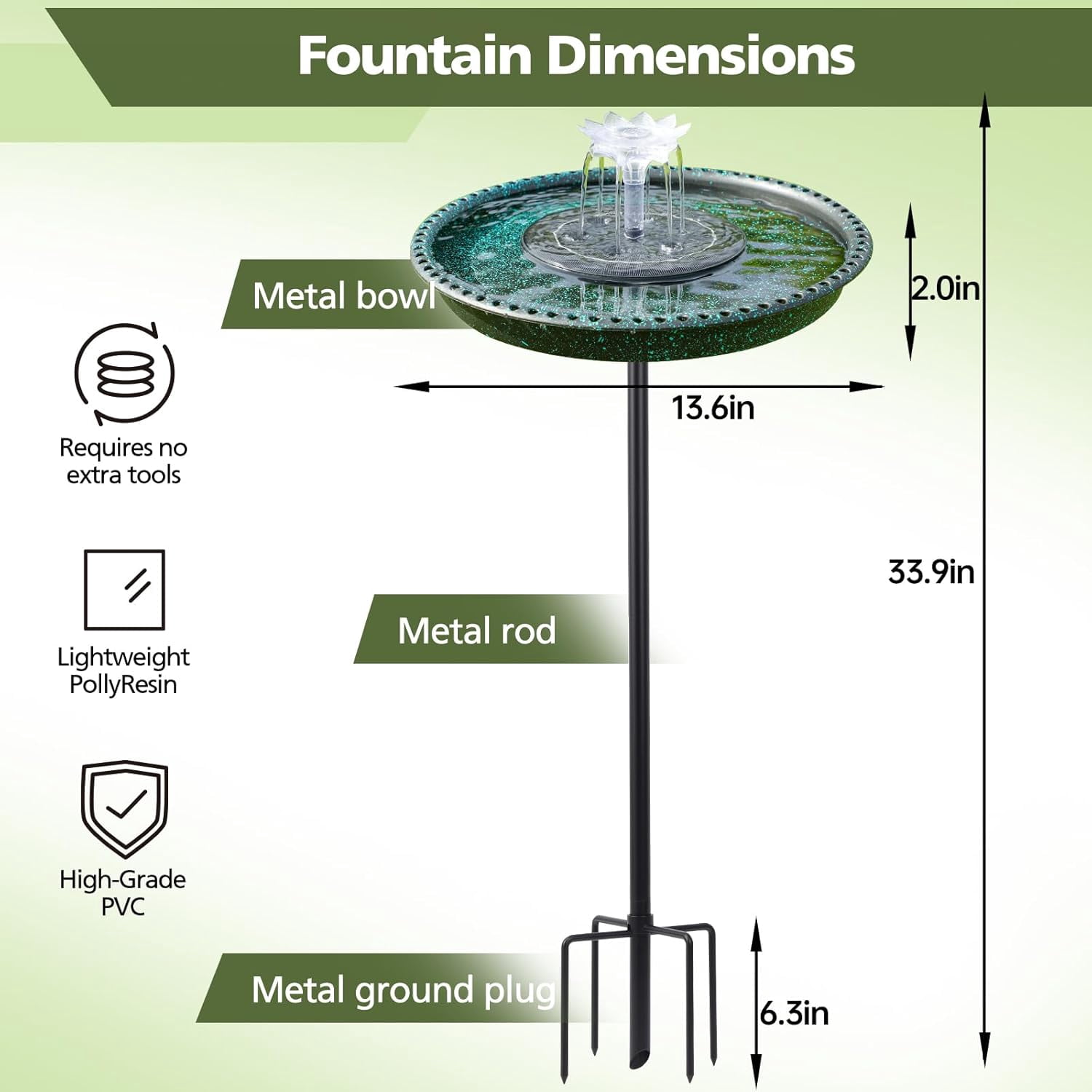 Bird Bath with Solar Powered Fountains for Hummingbirds,Stable Stylish Design with 5-Prong Base Stake Plastic Bird Bath for Outside Patio Yard Garden(Gift)