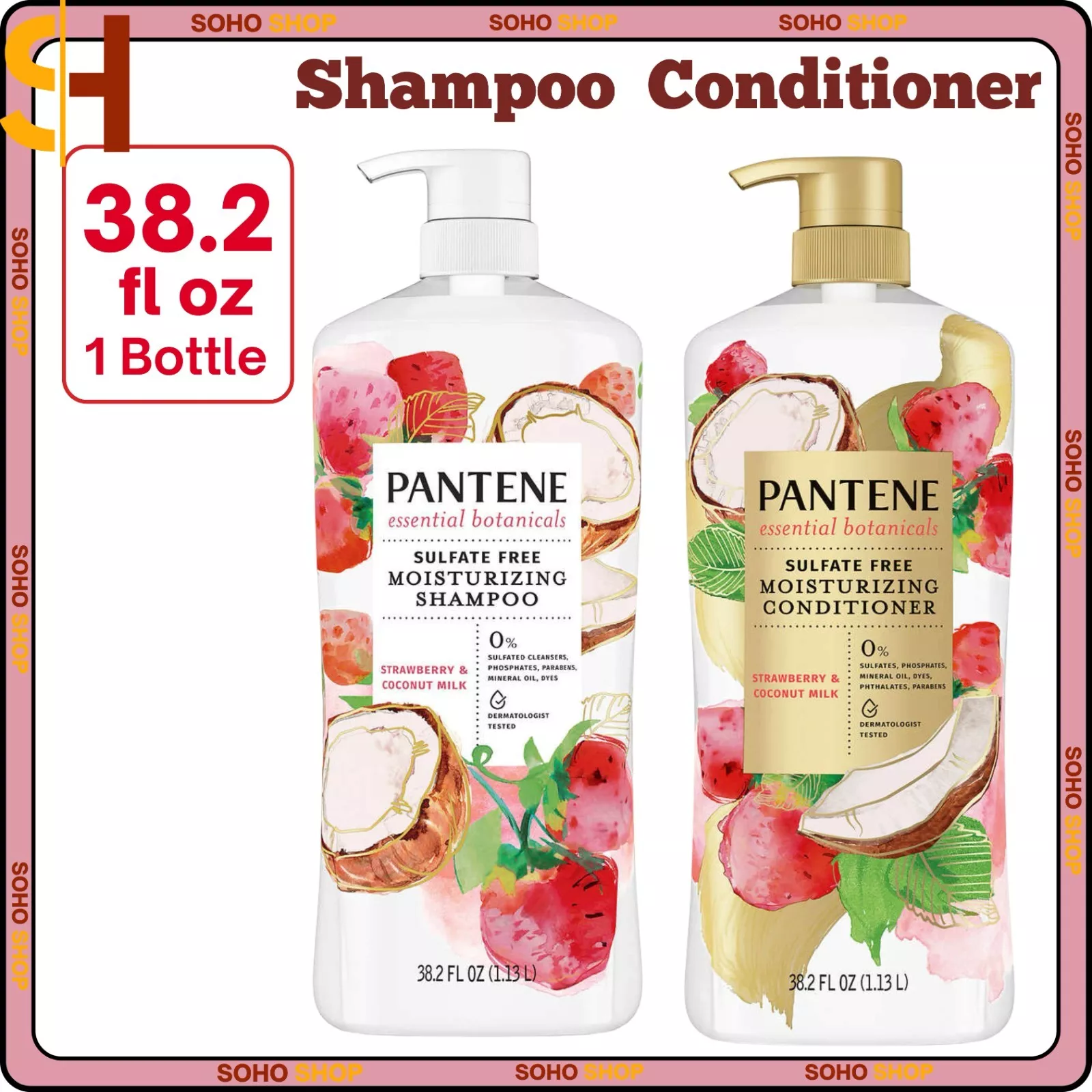Pantene Essential Botanicals Strawberry Coconut Milk Shampoo & Conditioner Set, 38.2FL Each