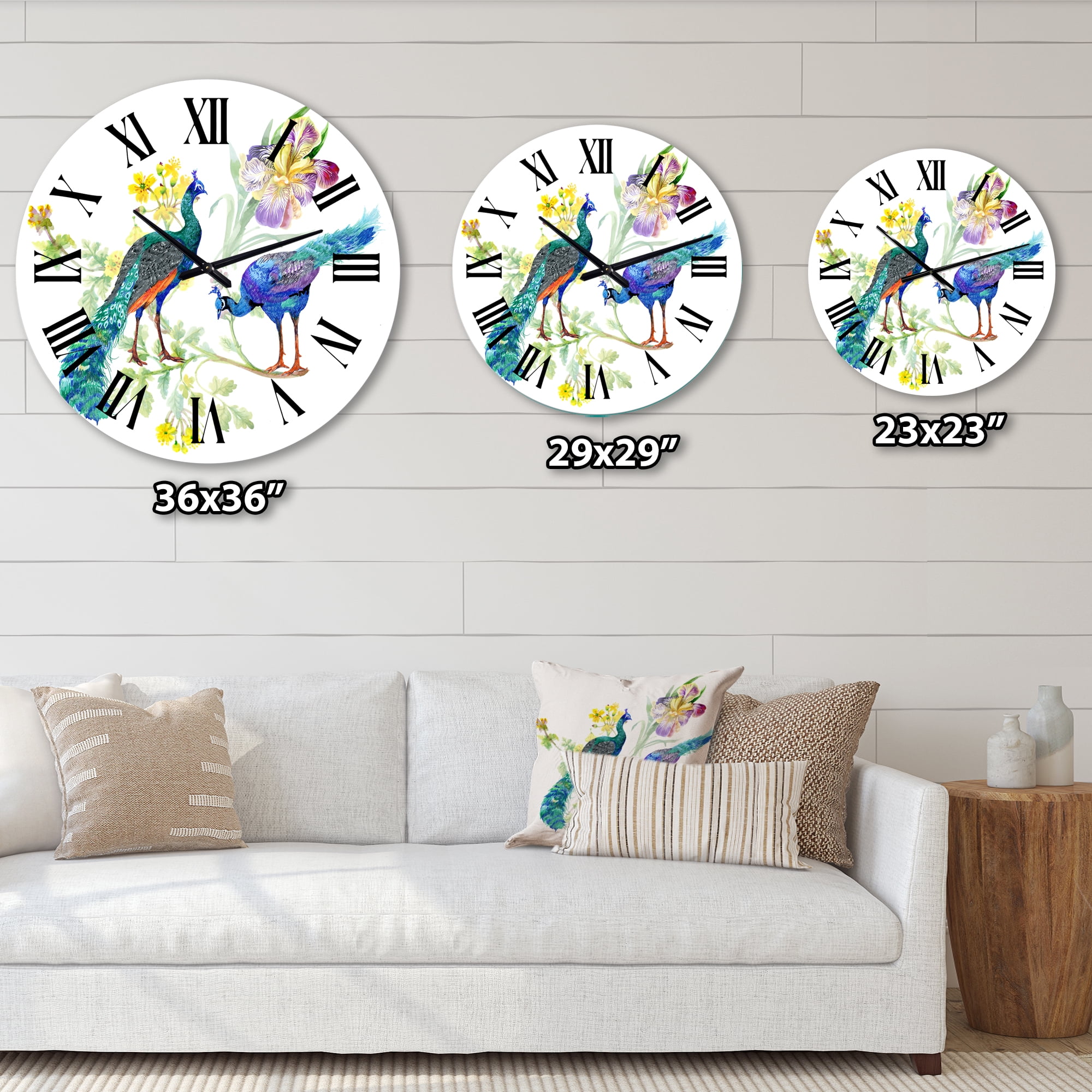 Designart 'Peacocks And Iris Flowers' Traditional Wall Clock