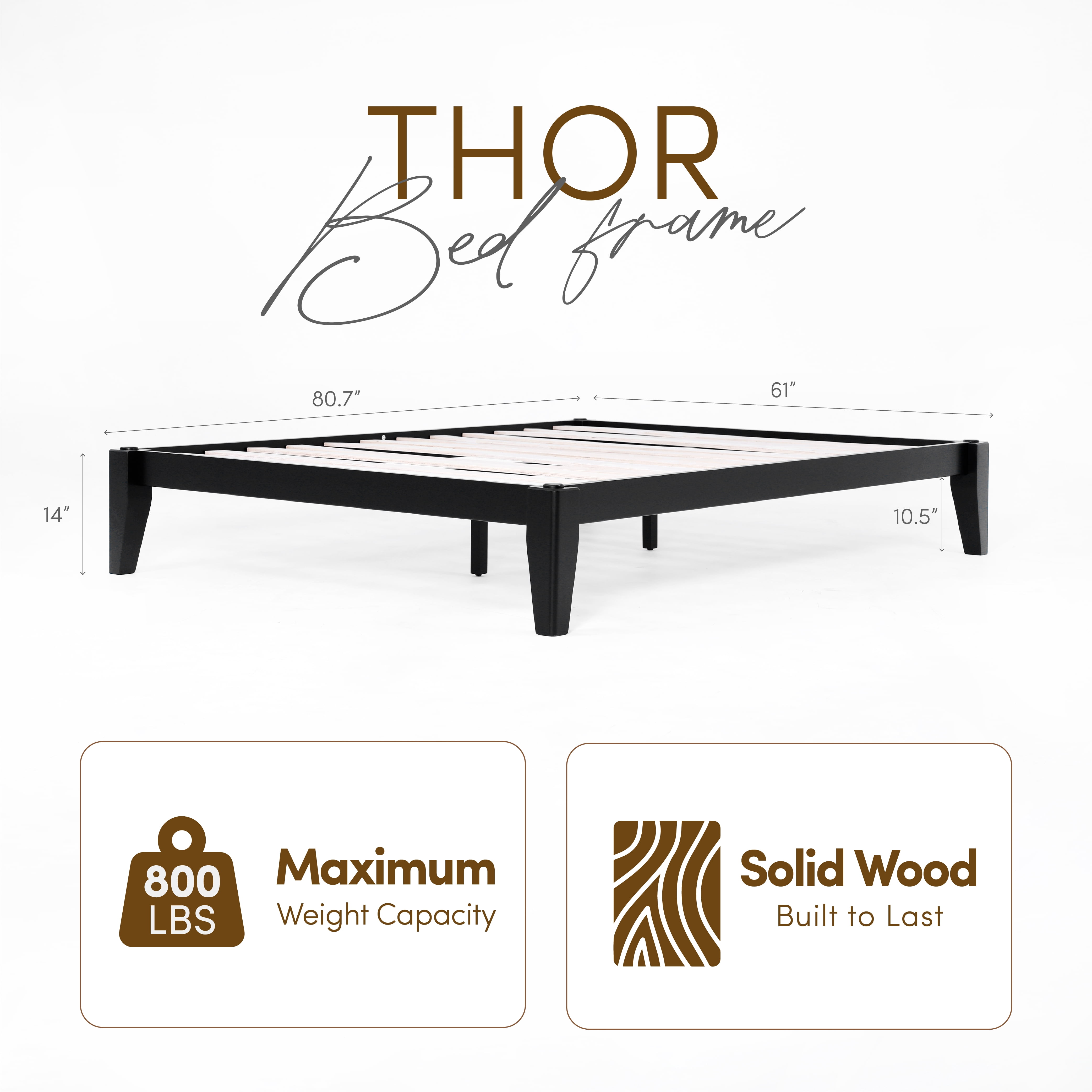 allforwood Thor Solid Wood Bed Frame - Queen Size - Japanese Joinery Bed Frame - Wood Slat Support - No Box Spring Needed - Easy Assembly - Minimalist & Modern Style (Midnight Charcoal, Queen)