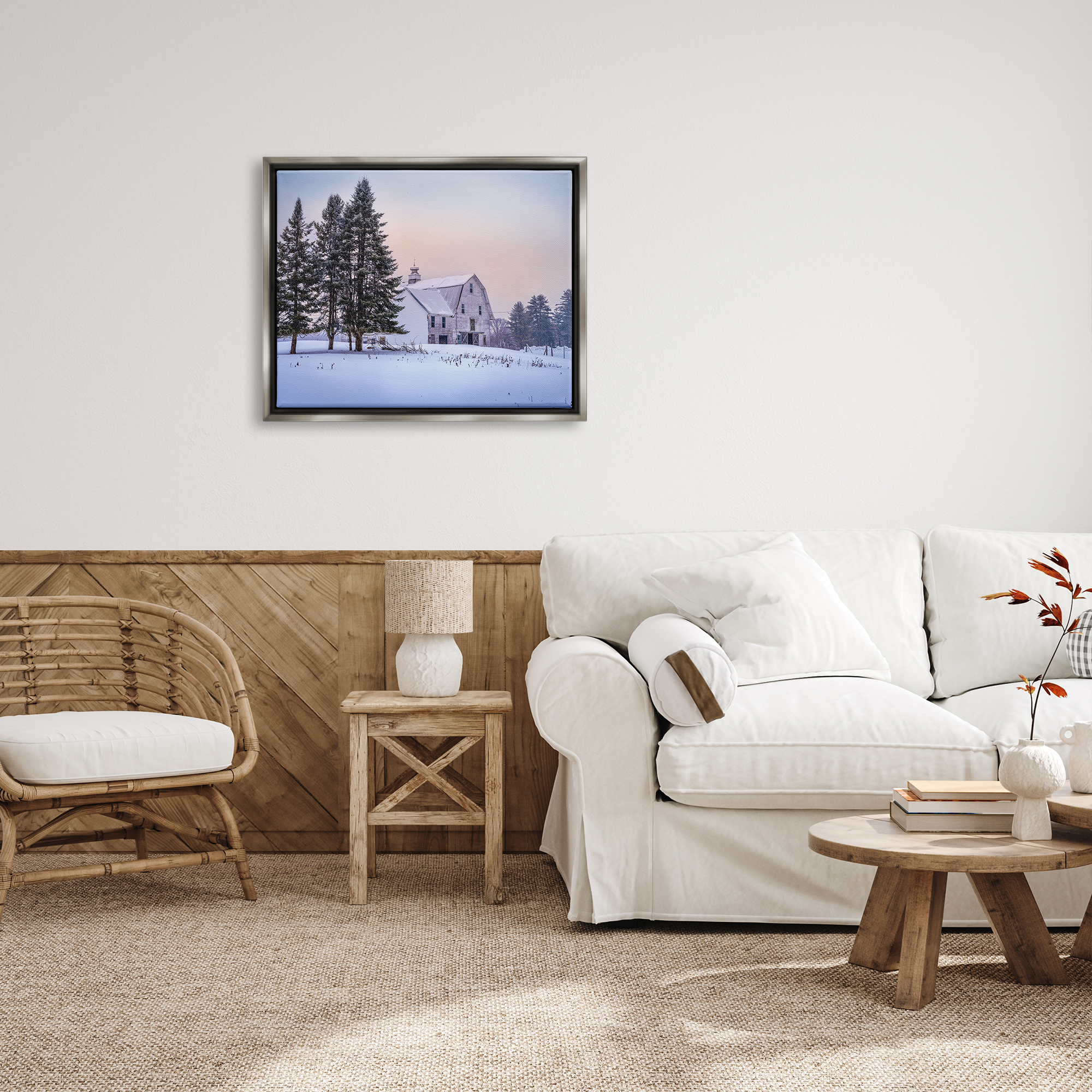 Stupell Industries Winter Farm Landscape Nature Photography Gray Floater Framed Art Print Wall Art, 31 x 25