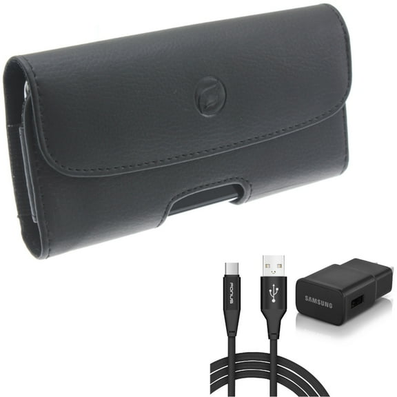 Holster Leather Case Belt Clip w 6ft USB Cable Type-C Fast Home Charger for OnePlus 6T, 8, 6, 5G UW - Razer Phone 2 - Samsung Galaxy S9 Plus S8 Plus S22 Plus S10 Plus XCover FieldPro