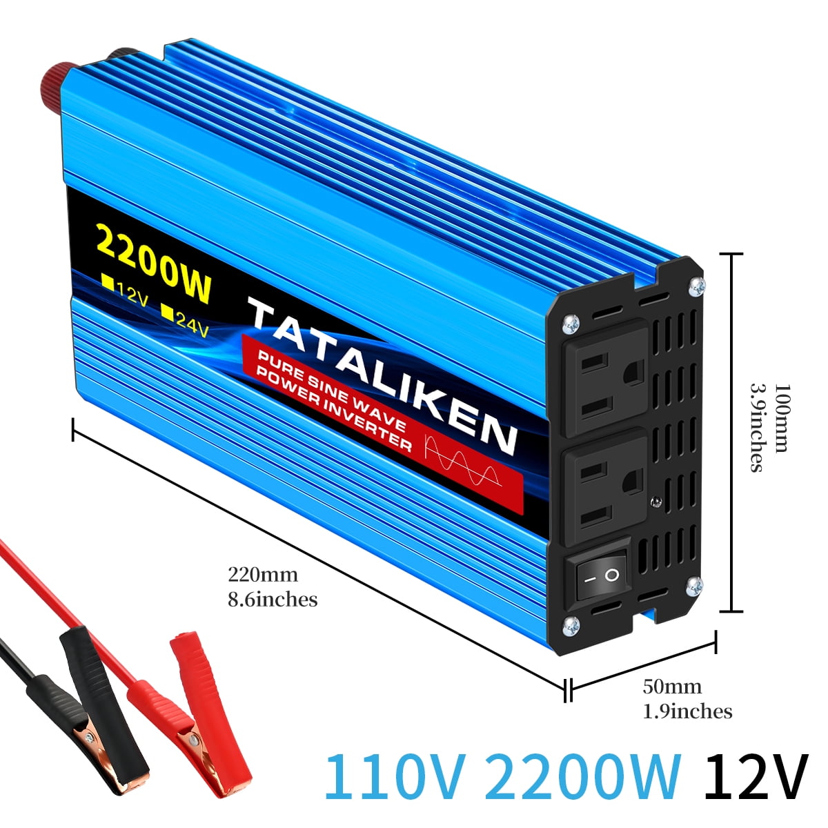 TATALIKEN 2200W（Rating power 1000 W）Pure Sine Wave Power Inverter DC 12V to AC 110V/120V Car Inverter with Battery Clamp Cable 2 AC Outlets for Power Tools Home Vehicles RV Truck, LCD Display Blue