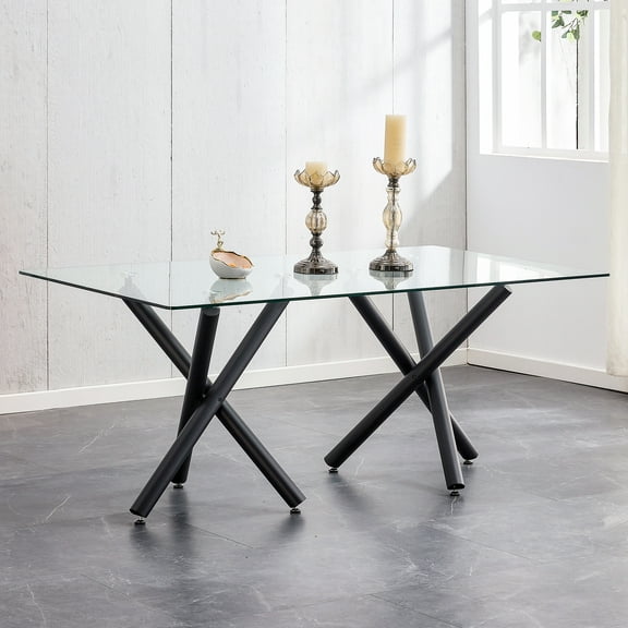 Large Modern Minimalist Rectangular Glass Dining Table for 6-8 with 0.39" Tempered Glass Tabletop and Black Metal Legs, for Kitchen Dining Living Meeting Room Banquet hall, W1151S00662/W11