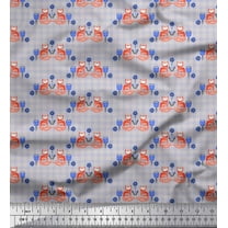 Soimoi Gray polyester Crepe Fabric Check & Fox Folk Art Print Fabric by Yard 52 Inch Wide