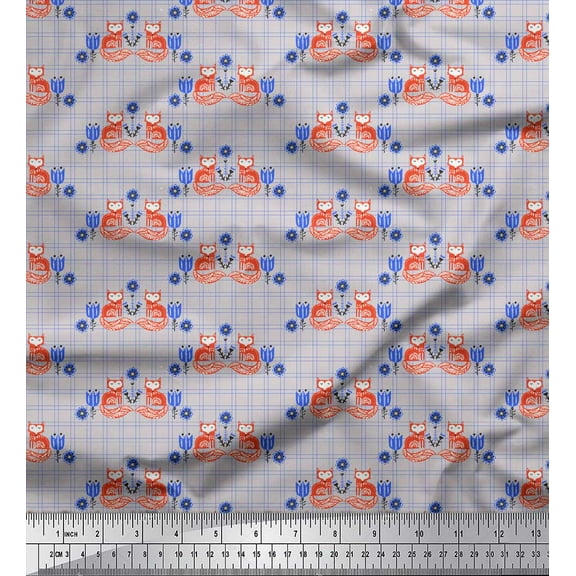 Soimoi Gray Georgette Viscose Fabric Check & Fox Folk Art Print Sewing Fabric Yard 42 Inch Wide