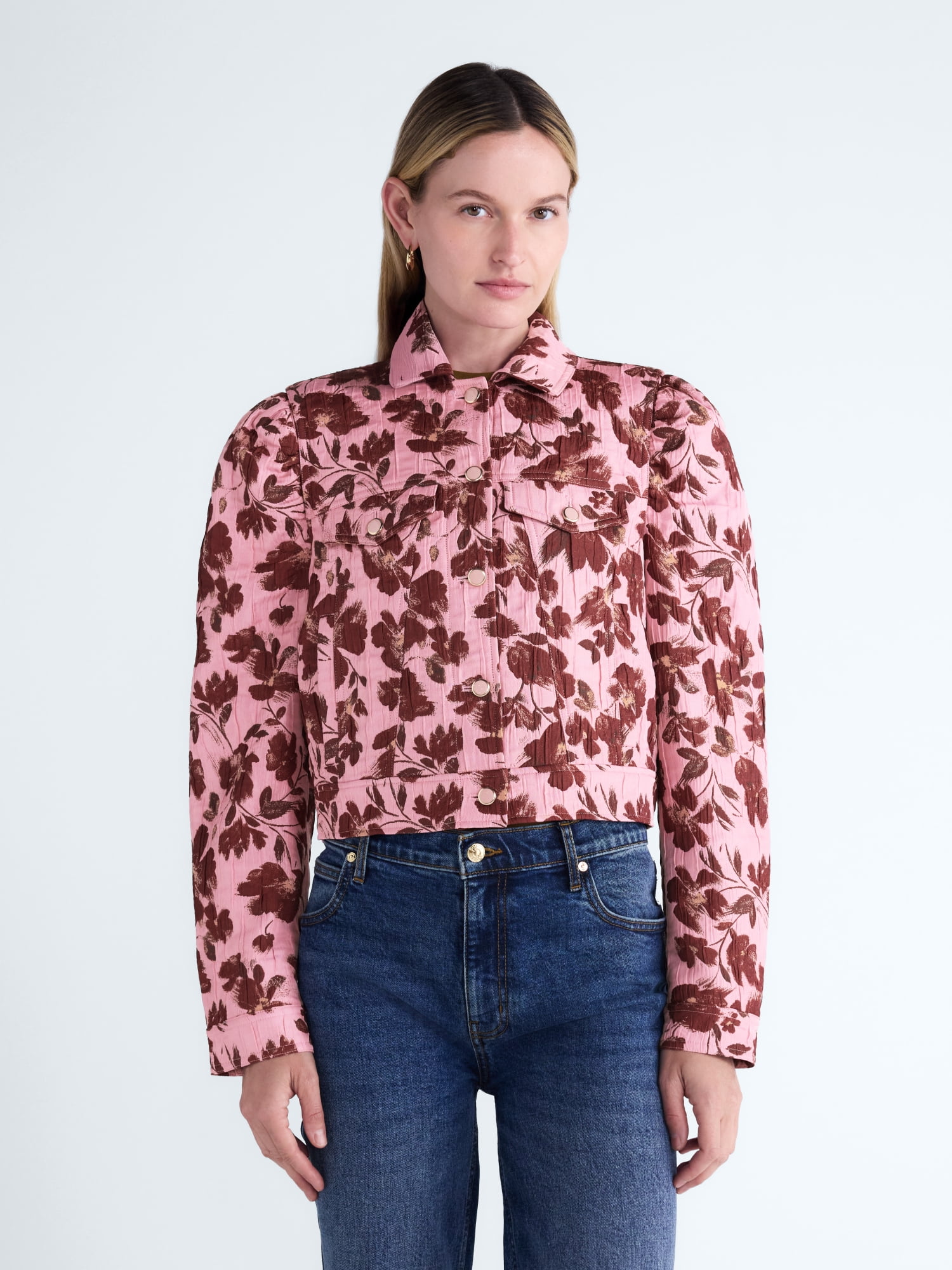 Scoop Women’s and Women's Plus Cropped Trucker Jacket with Puff Sleeves, Sizes XS-4X