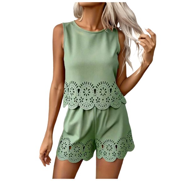 ASEIDFNSA Women Eyelet Two Piece Shorts Set Embroidered Tank Top and Scalloped Shorts Lounge Wear
