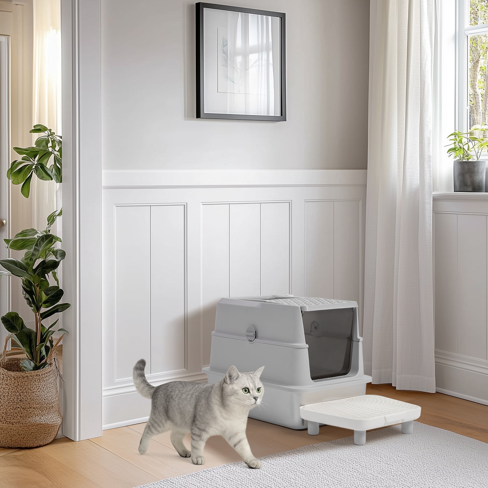 Ktaxon Enclosed Cat Litter Box - Stainless Steel Large (60x40x46cm) with Scoop & Mat, Odor Control, Grey