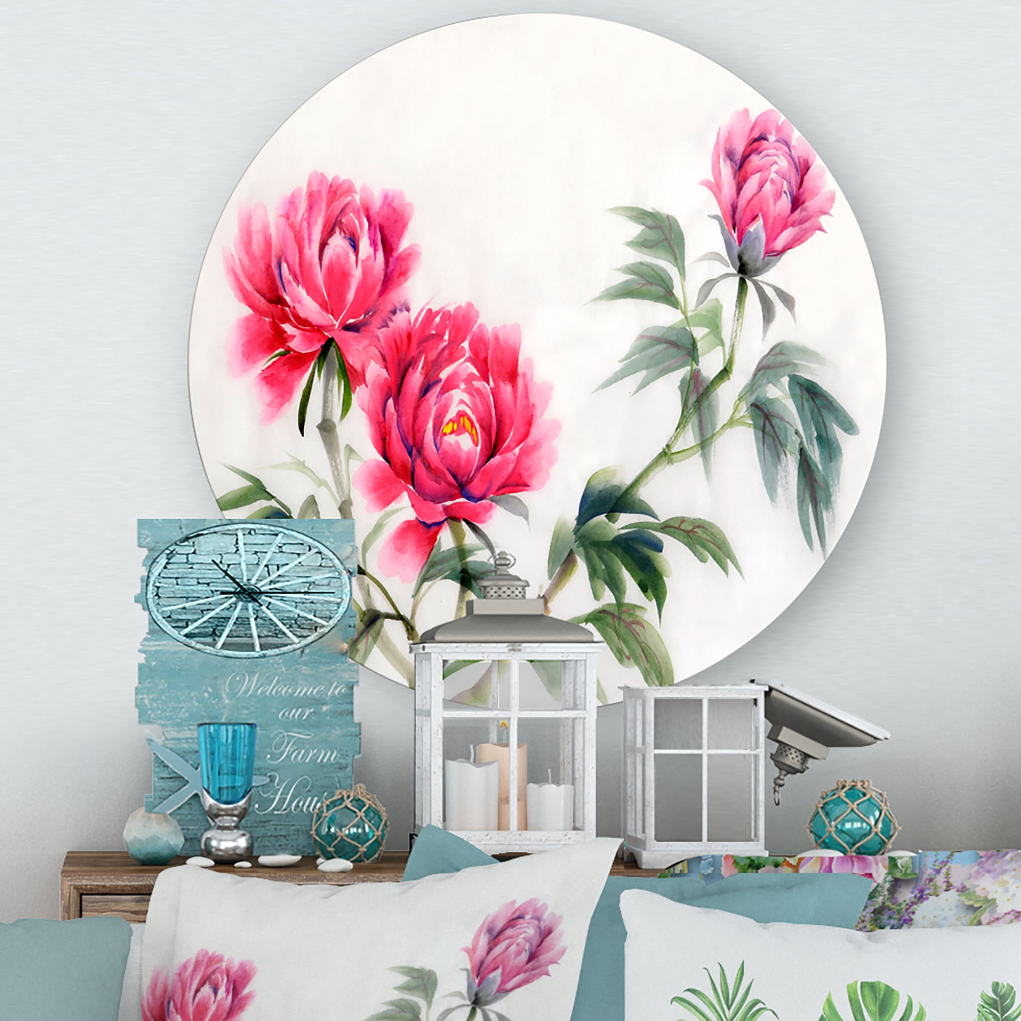 Designart 'Three Vintage Red Peonies Flowers' Traditional Circle Metal Wall Art 23x23 - Disc of 23