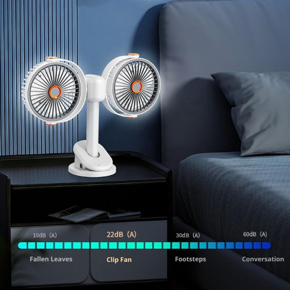 Dual Head Clip on Fan - Rechargeable Portable Desk Fan with LED Light, 360 Rotatable USB Clip Fans with 5 Speeds Wall Mounted & Hanging Quiet Cooling Fans for Stroller, Car, Office, Camping & Bed