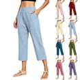 thumbnail image 3 of Gsakboxl Women's Pants Women 2026 Summer Petite Size Lightweight High Waist Solid Straight Leg Cotton Linen Casual Full Length Trousers Beige, 3 of 10