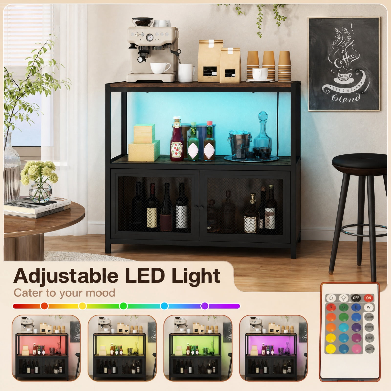 Furnibear Coffee Bar Cabinet with LED Lights and Built in Charging Station 3 Tier Open Shelf Storage for Home Kitchen Coffee Station, Rustic Brown