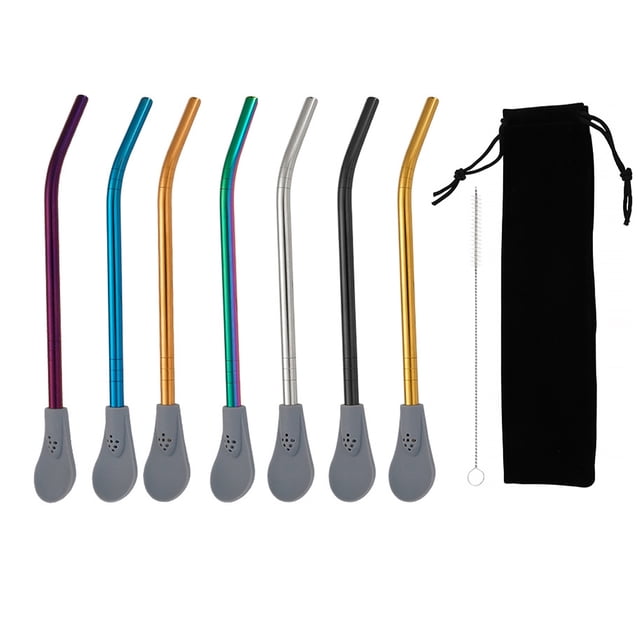 Cuchara de paja desmontable Cucharas de silicona de acero inoxidable Filtro de bebidas Vajilla Hogar Vajilla Barra para café 7 paquetes AweSitey HA059594-00