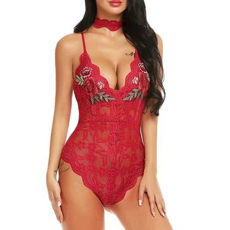 Sentmoon Lingerie for Women Sexy Women Lace V-neck Bodysuit Teddy Lingerie Jumpsuit Embroidery With Collar Women s Lingerie  Sleep & Lounge Valentines Day Gifts for Her Fall Saving
