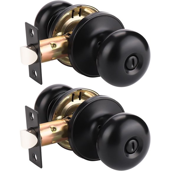 2 Pack Black Door Knob Lock Keyless, Privacy Doorknob with Lock (Thumb Turn, No Key),Bedroom Door Knob Interior Door Use, Classic Round Ball Door Lock, Reversible for Left Right Sided Doors