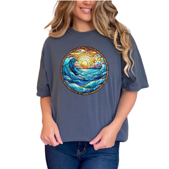 Artistic Stained Glass Ocean Wave T-Shirt, Sunrise Coastal Beach Tee, Vibrant Ocean Art Graphic, Sea Waves Summer Top, Denim Comfort Colors T-Shirt, Small