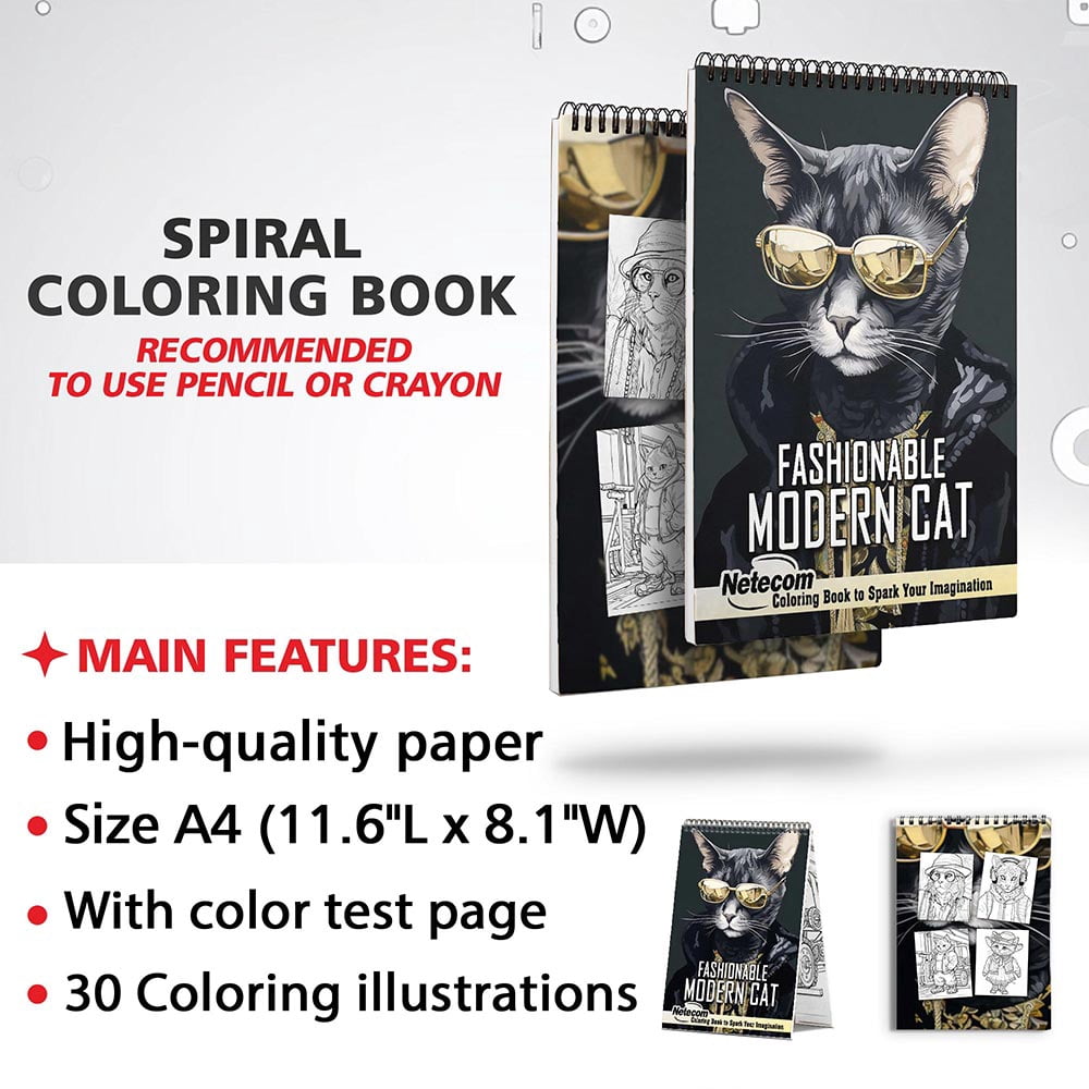 Netecom Fashionable Modern Cat Coloring Book for Adults, Spiral Bound, Soft Cover