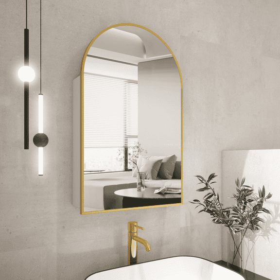 FKWIN Gold Arched Medicine Cabinet with Mirror, Wall Mounted Bathroom Storage Organizer, Aluminum Framed, Adjustable Glass Shelves, 20x32 in