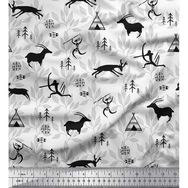 Soimoi Silk Fabric Reindeer,Tent & Human African Decor Fabric Printed Yard 42 Inch Wide