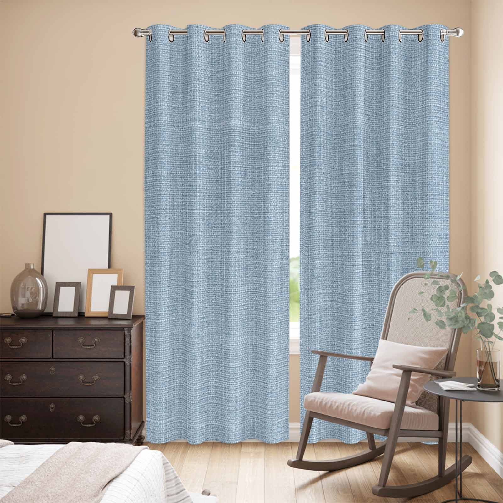 Kitchen Curtains 84 Inch Length 2 Panels, Vintage Sky Blue Grommets Window Treatment Curtain, Farmhouse Retro Solid Color Linen Texture Thermal Curtains Drapes for Living Room/Bathroom