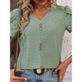 thumbnail image 3 of Camiseta con cuello en V para mujer, mangas cortas de pétalos, botón frontal, blusas sueltas informales caladas, Color verde oliva M, 3 of 6