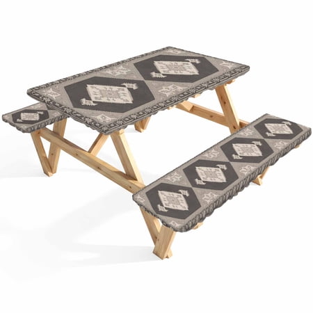 Ethnic Art Boho Picnic Table Cover with Bench Covers Hexagon Geometric Gray Flower Pattern Retro Border Waterproof Fitted Picnic Tablecloth 3 Pieces Set Table Cloth for Outdoor Camping Garden BBQ