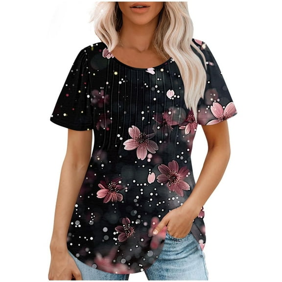 Youyipin Womens Tops Petal Short Sleeve Summer Casual Round Neck Shirts Floral Solid Blouse Pleated Tunics Spring Tops For Women